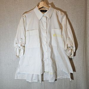 Filosofia Street Casual White Snap Front Yellow Quote Lagenlook Top S *FLAWS*